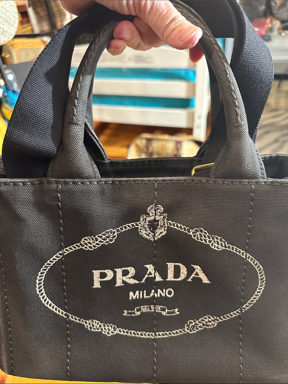 Prada Black Canvas Tote with White Logo